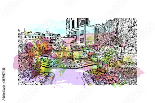 Building view with landmark of Braga is a city in the far north of Portugal. Watercolor splash with hand drawn sketch illustration in vector.