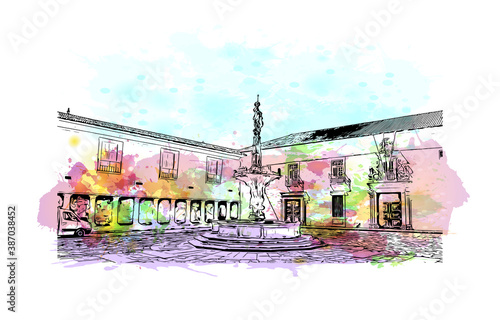 Building view with landmark of Braga is a city in the far north of Portugal. Watercolor splash with hand drawn sketch illustration in vector.