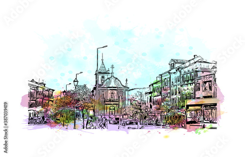 Building view with landmark of Braga is a city in the far north of Portugal. Watercolor splash with hand drawn sketch illustration in vector.