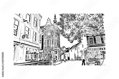 Building view with landmark of Breda is a city and municipality in the southern part of the Netherlands. Hand drawn sketch illustration in vector.