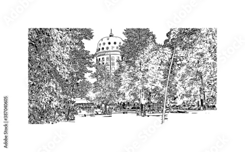 Building view with landmark of Breda is a city and municipality in the southern part of the Netherlands. Hand drawn sketch illustration in vector.