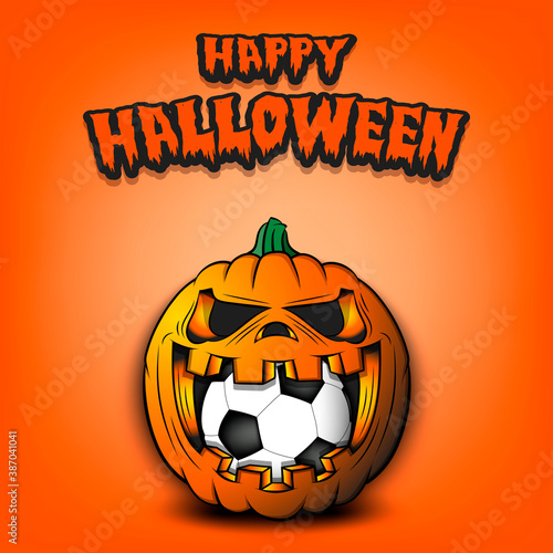 Happy Halloween. Soccer ball inside frightening pumpkin. The pumpkin swallowed the ball with burning eyes. Design template for banner, poster, greeting card, party invitation. Vector illustration