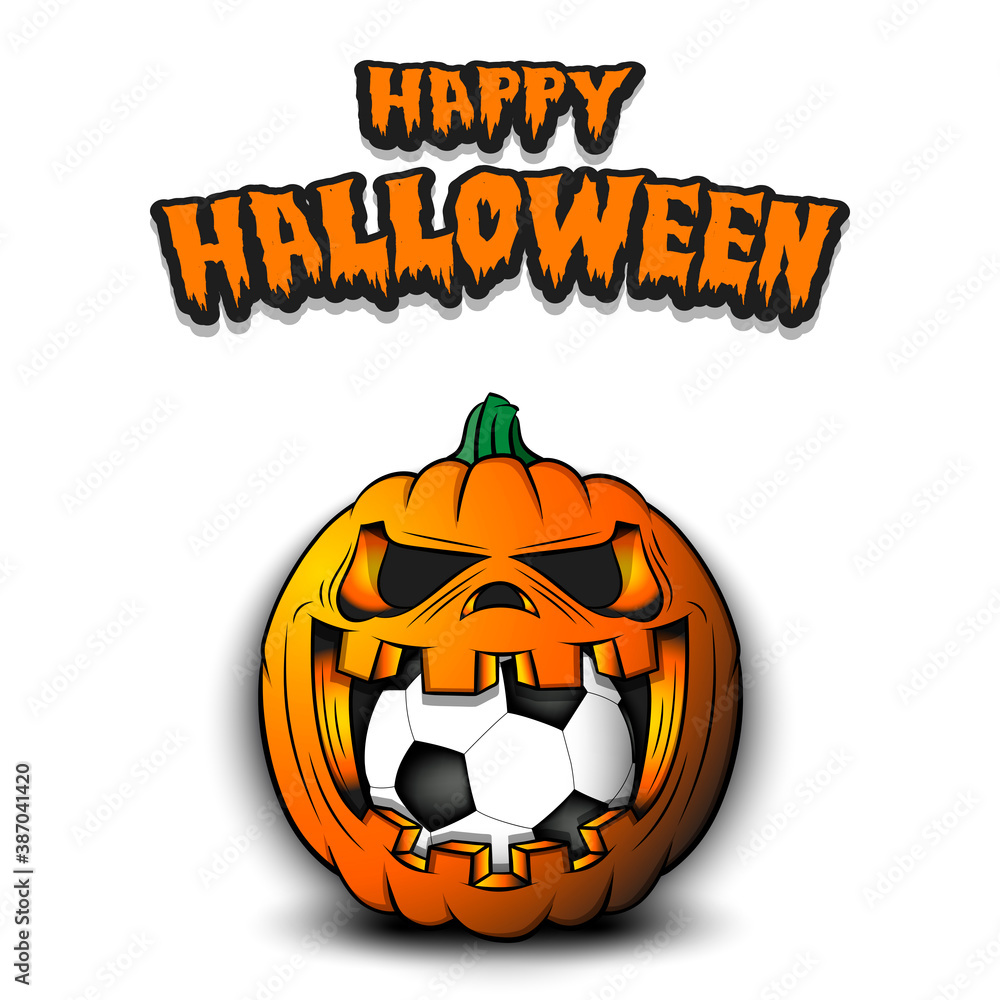 Fototapeta premium Happy Halloween. Soccer ball inside frightening pumpkin. The pumpkin swallowed the ball with burning eyes. Design template for banner, poster, greeting card, party invitation. Vector illustration