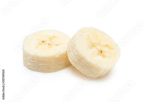 Sliced bananas on a white background