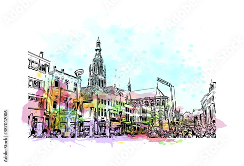 Building view with landmark of Breda is a city and municipality in the southern part of the Netherlands. Watercolor splash with hand drawn sketch illustration in vector.