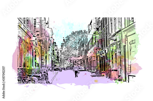 Building view with landmark of Breda is a city and municipality in the southern part of the Netherlands. Watercolor splash with hand drawn sketch illustration in vector.