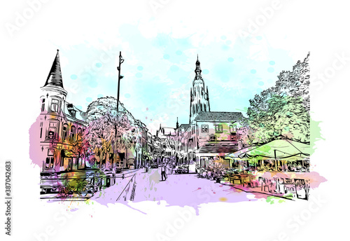 Building view with landmark of Breda is a city and municipality in the southern part of the Netherlands. Watercolor splash with hand drawn sketch illustration in vector.