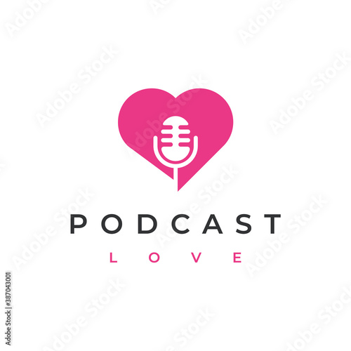 Love heart symbol with microphone for podcast logo design