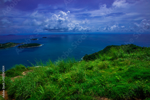 Natural high angle panoramic background With an atmosphere surrounded by mountains and trees, with a blurred wind, cool