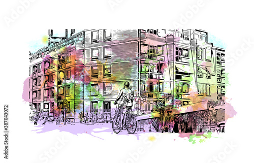 Building view with landmark of Breda is a city and municipality in the southern part of the Netherlands. Watercolor splash with hand drawn sketch illustration in vector.