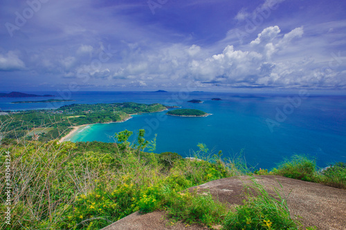 Natural high angle panoramic background With an atmosphere surrounded by mountains and trees, with a blurred wind, cool