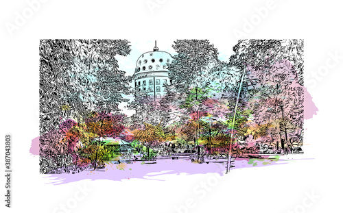 Building view with landmark of Breda is a city and municipality in the southern part of the Netherlands. Watercolor splash with hand drawn sketch illustration in vector.