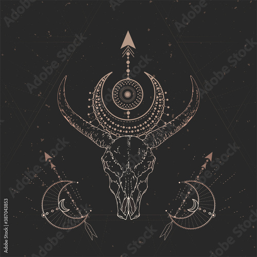 Vector illustration with hand drawn Wild buffalo skull and Sacred geometric symbol on black vintage background. Abstract mystic sign.