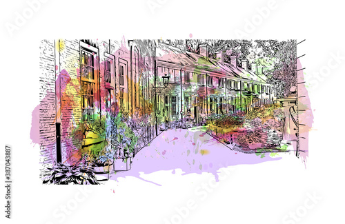 Building view with landmark of Breda is a city and municipality in the southern part of the Netherlands. Watercolor splash with hand drawn sketch illustration in vector.