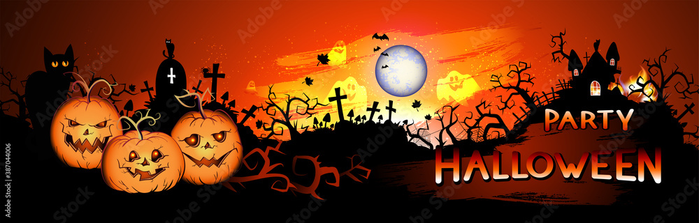 Vector Halloween illustration with pumpkins head, sinister castle, cemetery, bats and text on nightly background with full moon. Party Halloween.