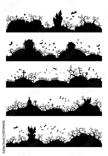 Vector set of Halloween horizontal seamless illustrations with castle, graveyard and bats. Black silhouettes.