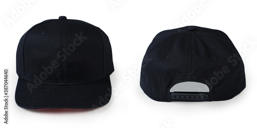 Black baseball cap in four different angles views. Mock up. Baseball cap black and white templates, front, side, back views set. Black cap isolated on white background.