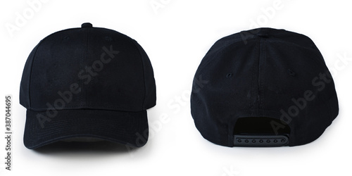 Black baseball cap in four different angles views. Mock up. Baseball cap black and white templates, front, side, back views set. Black cap isolated on white background.
