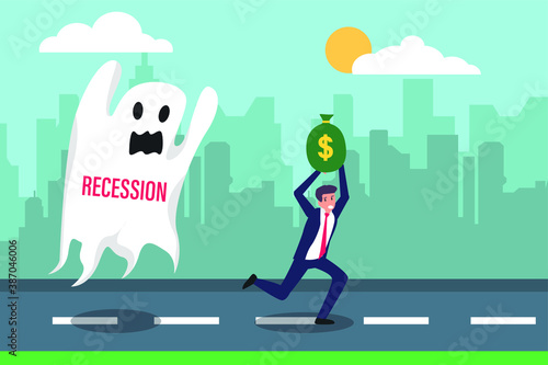 Recession vector concept: Businessman runaway from a ghost with recession text while carrying a money bag