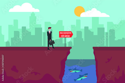 Recession vector  concept: Businessman wearing face mask and walking toward recession signpost with gap obstacle and shark trap