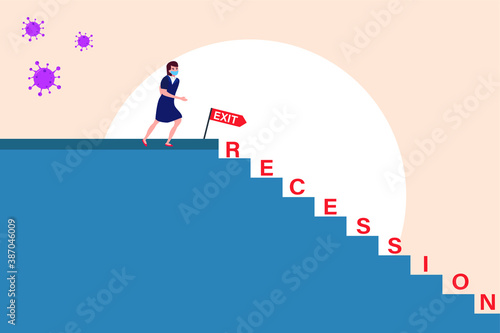 Recession vector concept: Frustrated businesswoman chased by coronavirus and running to recession stairs while wearing face mask