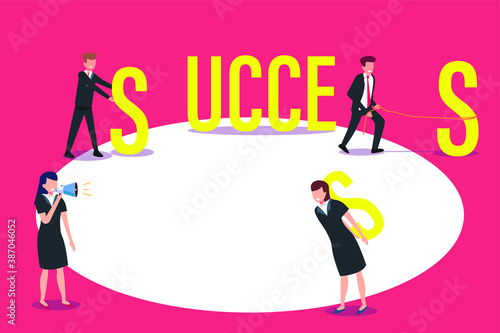 Success vector concept: Group of business people arrange success text commanded by female leader