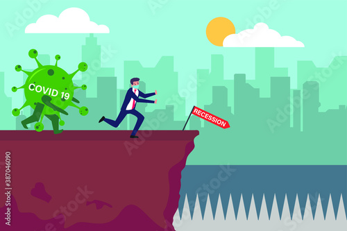 Recession vector concept: Stressful businessman wearing face mask and chased by coronavirus or covid-19, running to the recession cliff