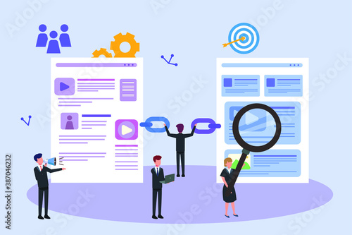 SEO vector concept: Business team analyzing link building on website for search engine optimization