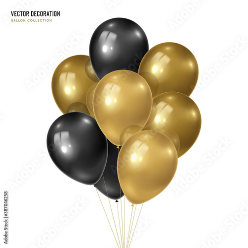 3d vector realistic golden with black bunch of helium balloons isolated on white background. Decoration element design for birthday, wedding, parties, celebrate festive. .Vector illustration template