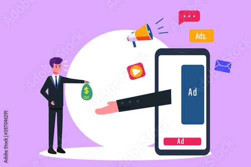 Digital marketing vector concept: Businessman paying online advertisement cost to mobile phone ads or digital marketing