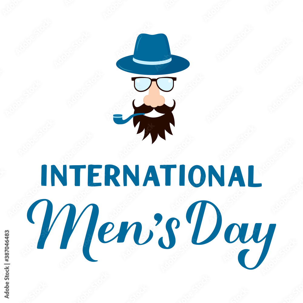 International Mens Day hand lettering with hipster isolated on white. Holiday celebrate on November 19. Vector template for typography poster, banner, flyer, sticker, t-shirt, greeting card, etc.