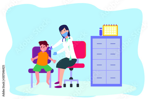 Corona virus vaccine vector concept: Female doctor injects little boy vaccine of corona virus while sitting in the clinic