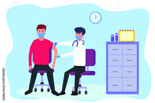 Corona virus vector concept: Male doctor injects man with vaccine of corona virus in the clinic