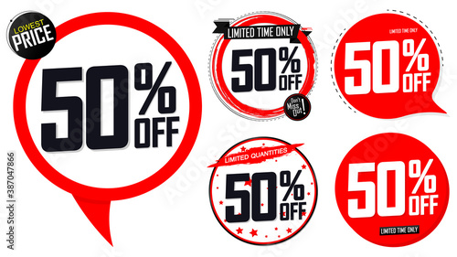 Set Sale 50% off banners, discount tags design template, vector illustration