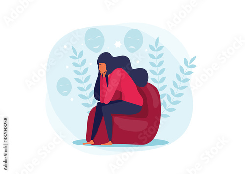 Young depressed woman sitting on sofa and holding face concept vector illustrator.