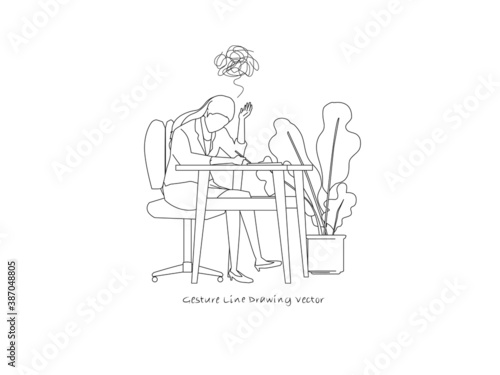 Stressful Woman Illustration. Gesture line drawing vector.