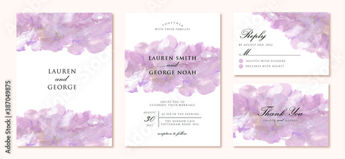 wedding invitation suite with modern purple abstract painting