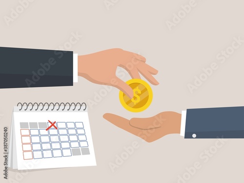 Salary payment. The head pays the employee wages. Payroll concept. Vector illustration flat design. Isolated on white background. The first day of the payday calendar.