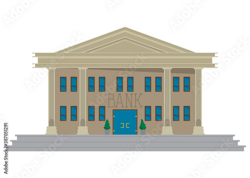 Bank building on blue background. Flat style cartoon business architecture, vector illustration.