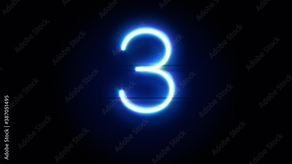 Neon number 3 appear in center and disappear after some time. Animated blue neon alphabet symbol on black background. Looped animation. Neon number 3 appear in center and disappear after some time. Animated blue neon alphabet symbol on black background. Looped animation.