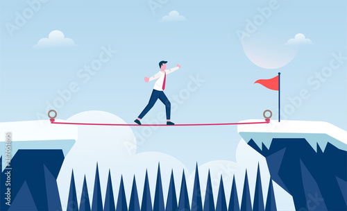 Businessman walking tightrope with risk vector illustration.