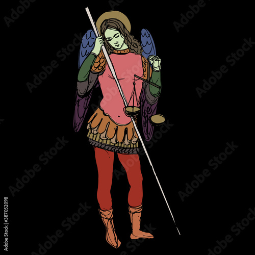 Winged angel or archangel with wages and spear. Religious Christian character. Hand drawn colorful sketch.