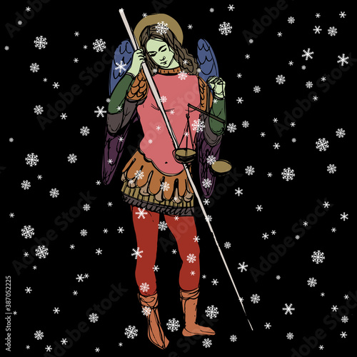 Winged warrior angel or archangel Michael with wages and spear standing under snowflakes. Religious winter Christmas decoration. Hand drawn art.