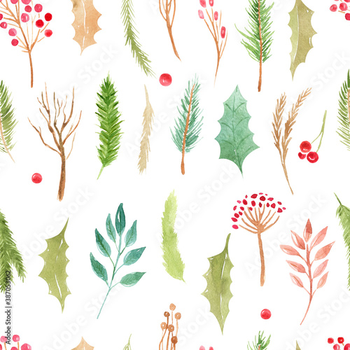 Seamless pattern Christmas boho elements. Watercolor winter floral set Holiday branches, leaves, cones, berries, coniferous branches, leaves on a white background. Xmas background photo