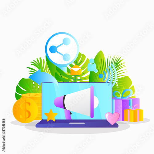 illustration of an background with a laptop for refer a friend banner promotion