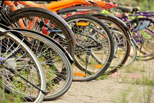 A row of A row of bicycles are parked beside road. View of back wheels and tires. beside road. View of back wheels and tires.
