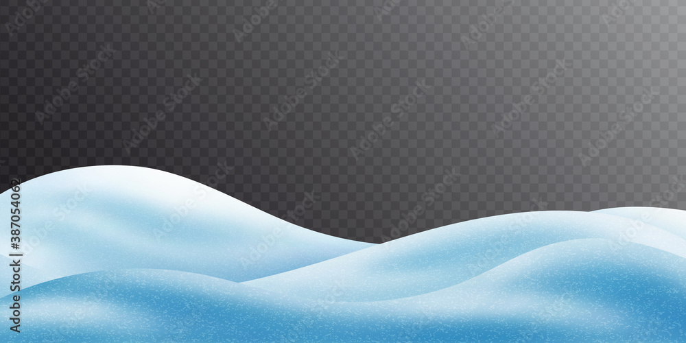Snowdrifts, snow covered hills. Transparent background, panoramic, vector illustration, EPS10.