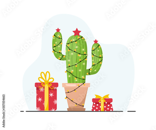 Cute cactus with new year garlands and gifts. Feliz navidad. Merry Christmas. Vector illustration in flat style. Design for greeting cards or web banner.
