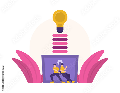 illustration of two men trying to turn a lever to open a surprise box or mystery box containing a light bulb. teamwork concept and team cohesiveness. attempt to get an idea. flat style. design element