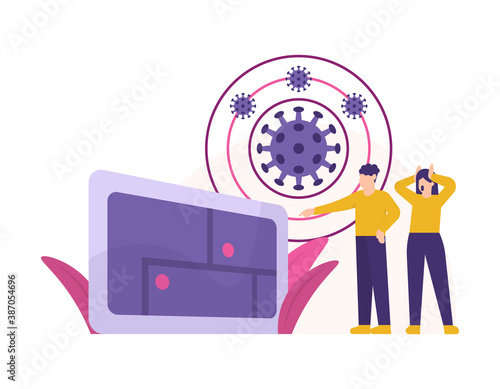 illustration of boy and girl using tablet to use corona radar app. track down people who have been exposed to or infected with the Covid-19 virus. gps tracker. flat style. design element